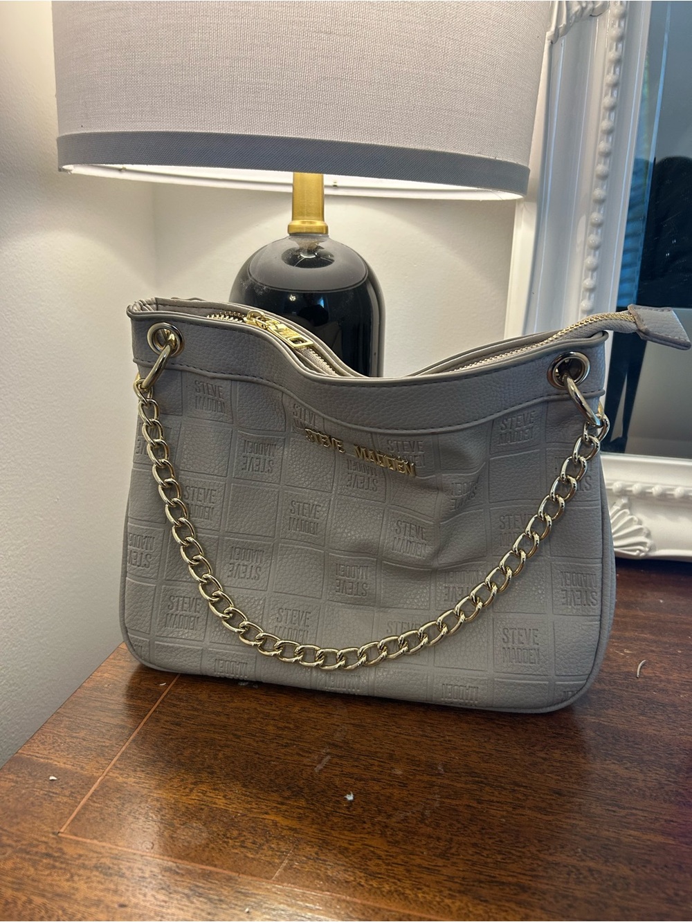 Steve Madden Light Gray Chain-Shoulder Logo Tote